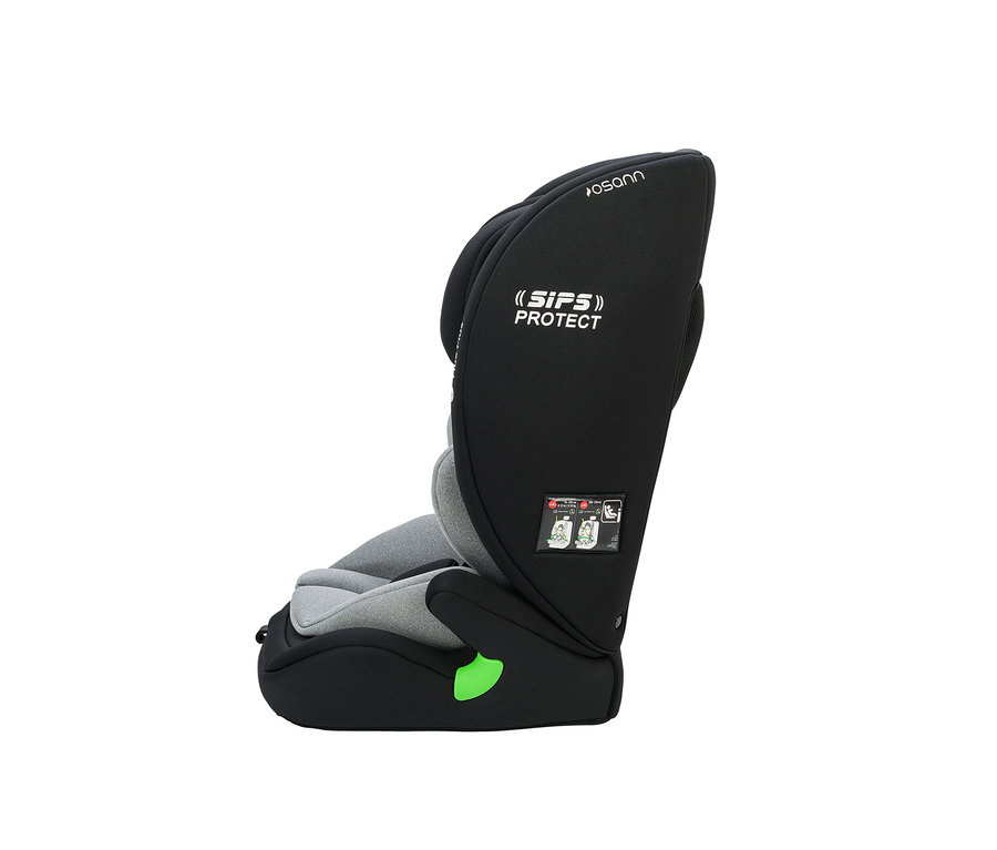 Seitenansicht des Osann Kindersitzes »Flux Plus« in Schwarz und Grau.