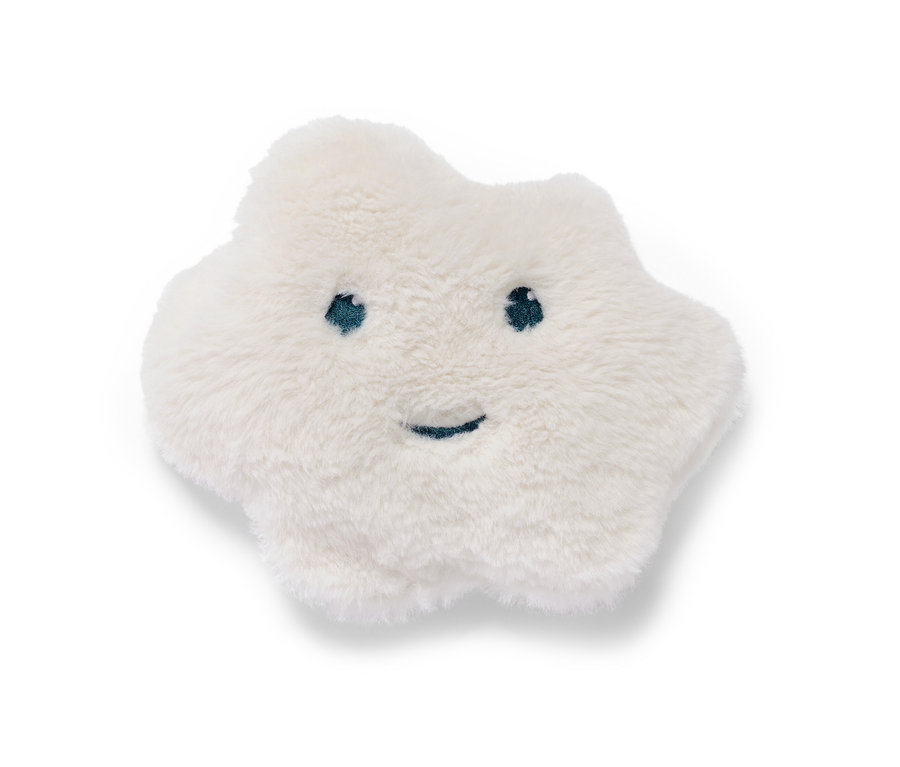 Weißes Kirschkern-Wärmekissen in Sternform mit gestickten Augen und einem Lächeln.