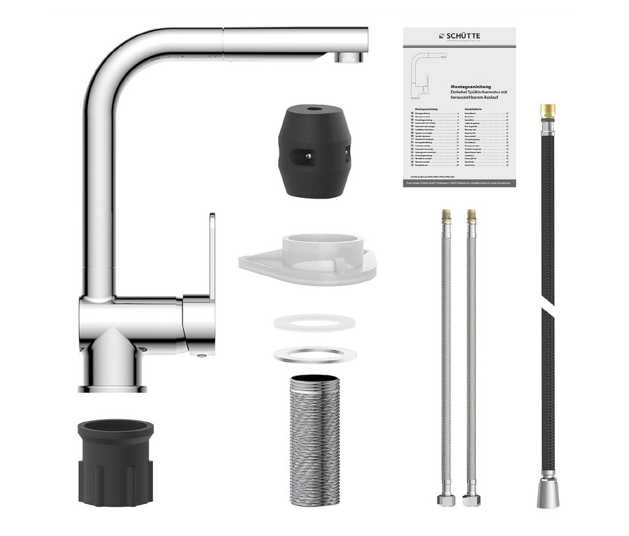 Eine Sammlung von Einzelteilen der Spültischarmatur »London«.