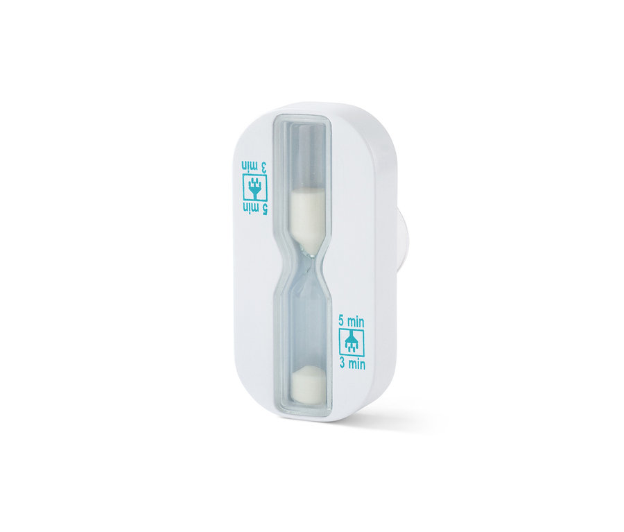 Eine Dusch-Sanduhr mit weißem Gehäuse und Sand.