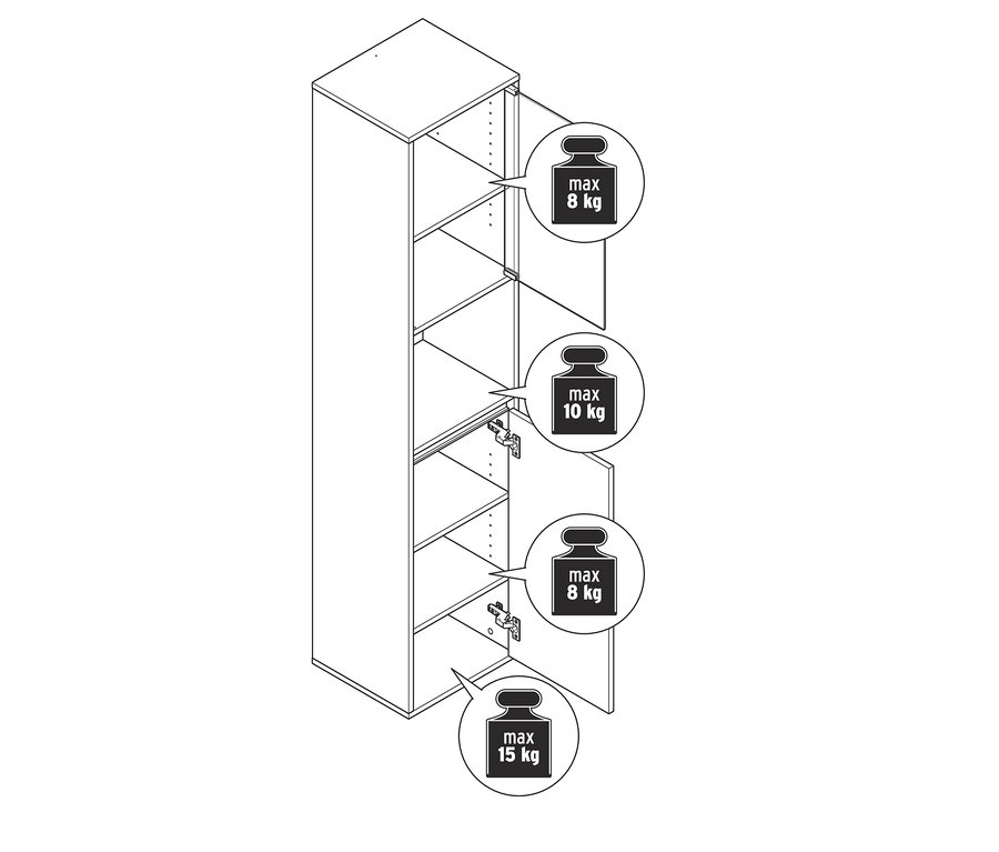 Eine Zeichnung eines Hochschranks für das Badezimmer mit offenen Türen, die Regale und die Tragfähigkeit jedes Regals zeigen.