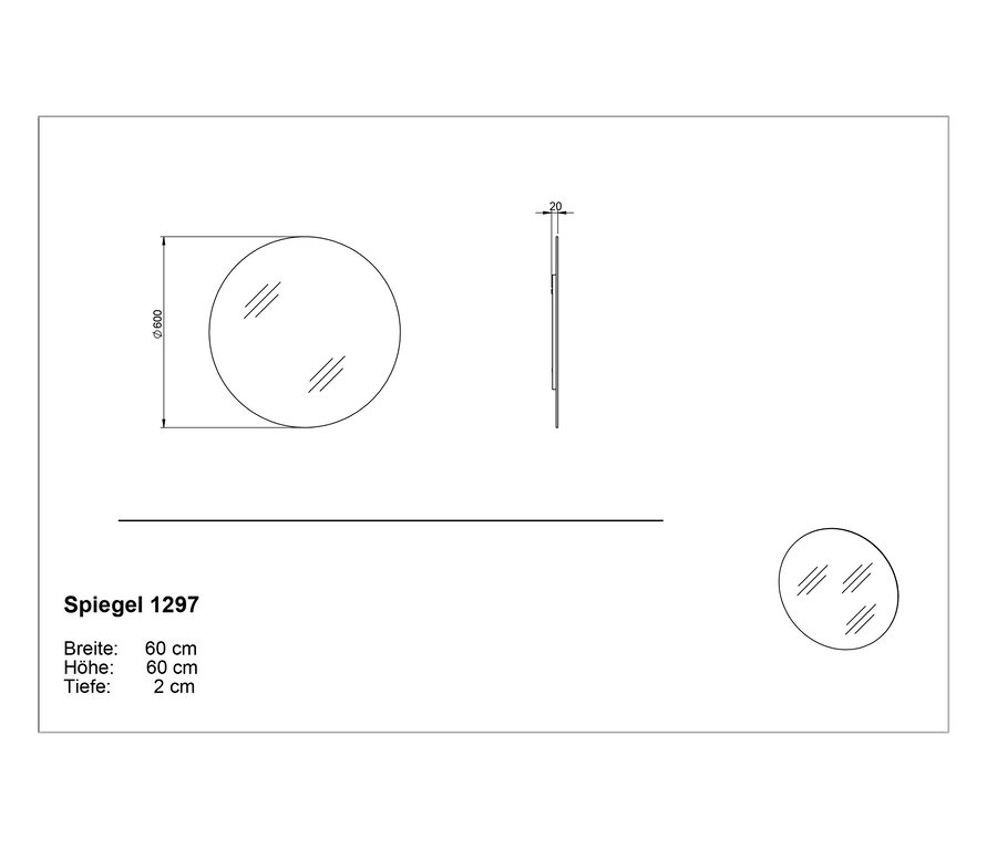 Skizze eines runden Ameca-Spiegels aus drei Blickwinkeln.