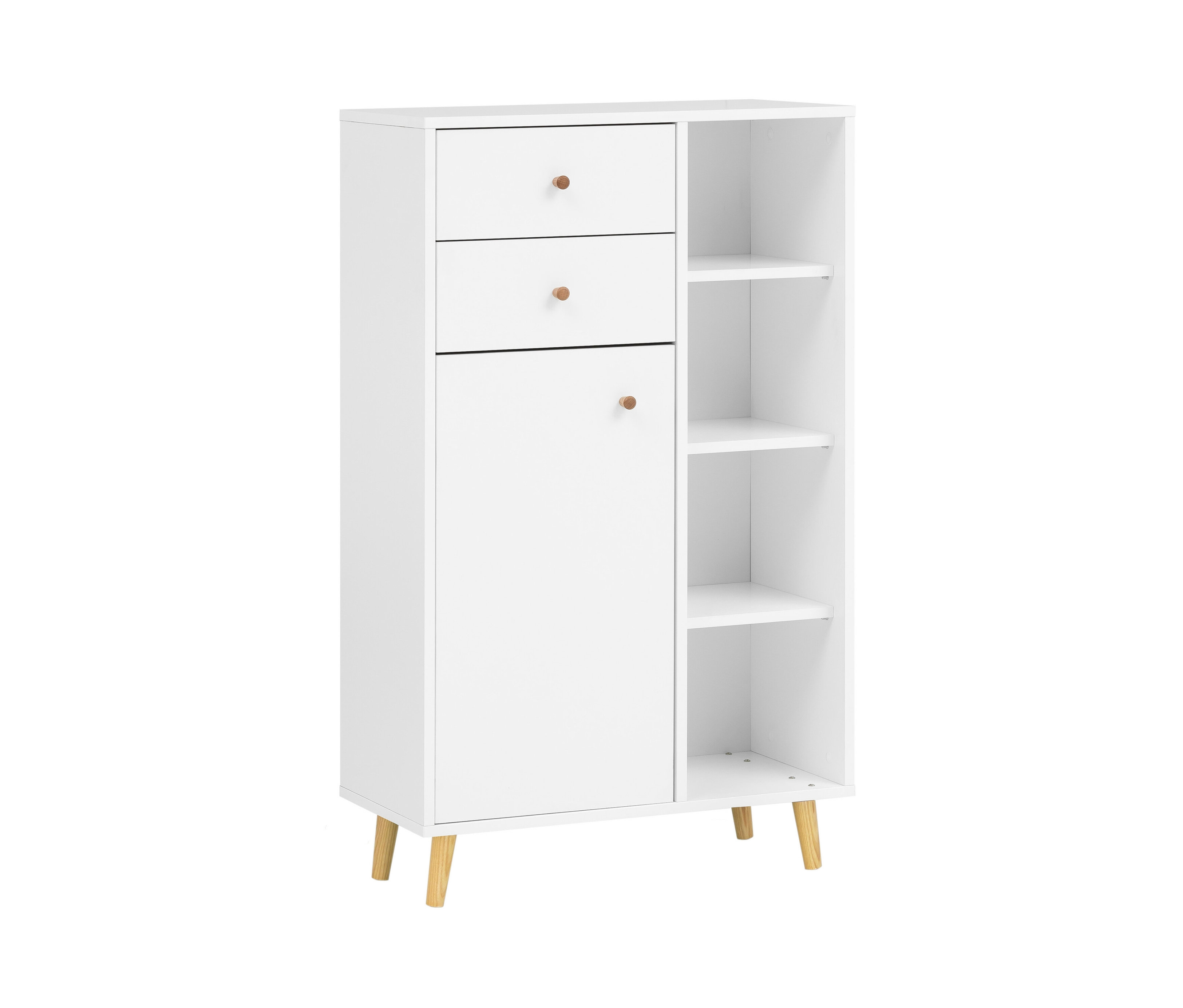 Weißes Highboard »Bjarne« mit drei Schubladen, einer Tür und offenen Regalen.