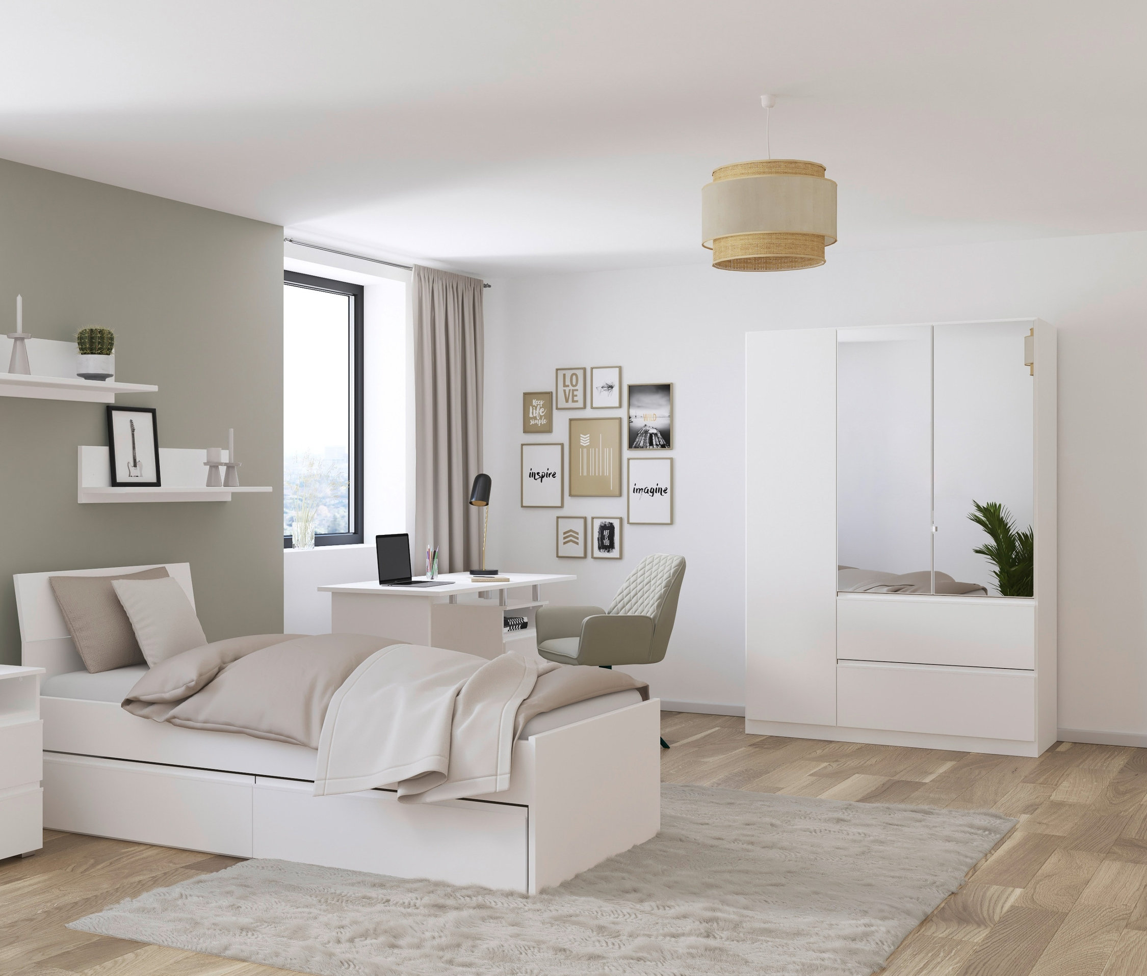 Schlafzimmer mit weißem Bett, Nachttisch, Schreibtisch und rauch Drehtürenschrank 3-türig mit Spiegel »Joel«.