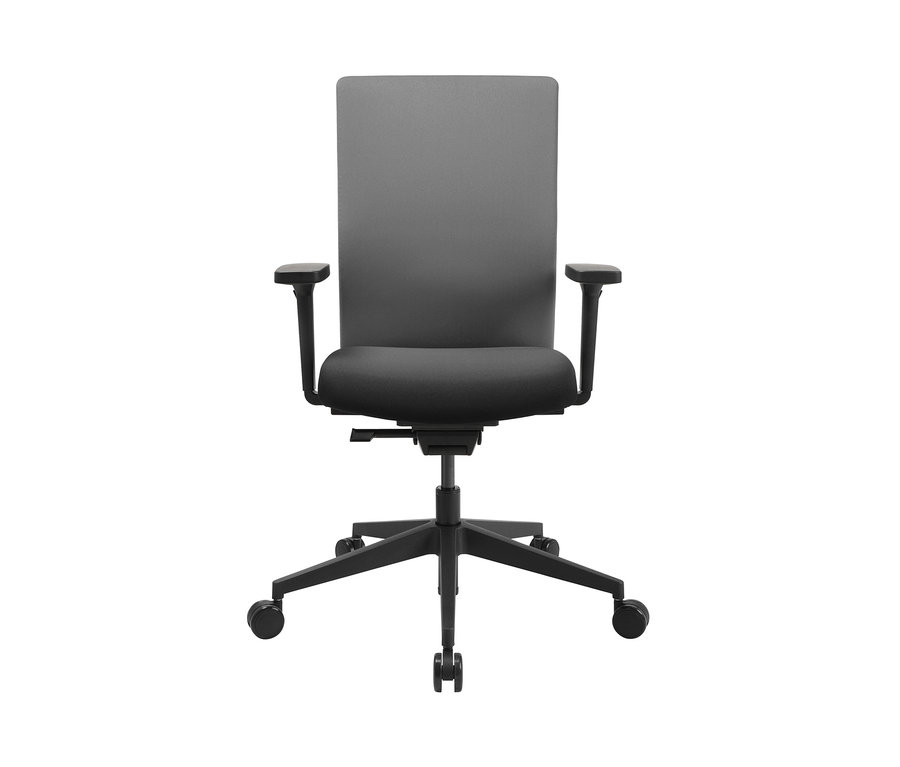Detailansicht eines grauen Topstar Airwork G Bürostuhls mit schwarzem Rahmen und Rollen.