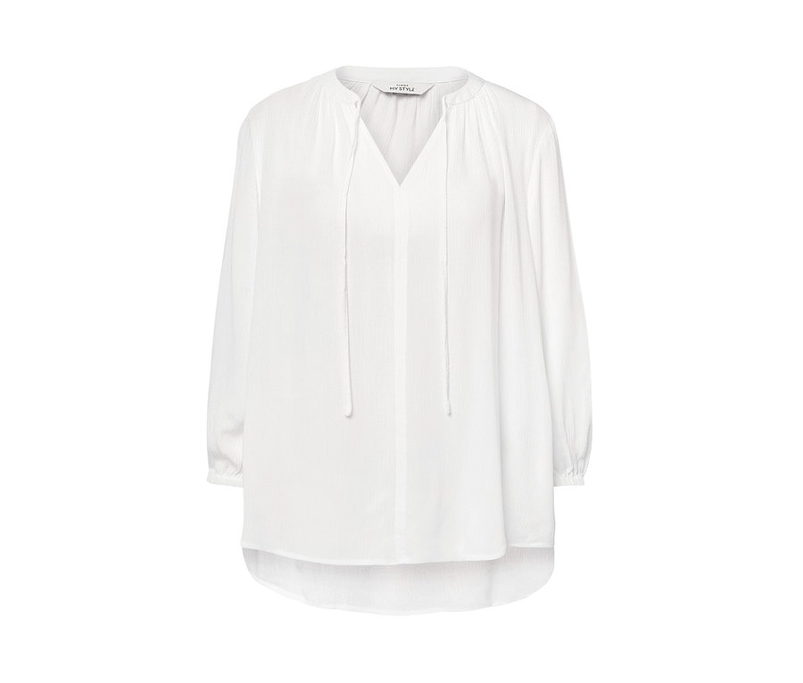 Eine weiße Tunika-Bluse mit langen Ärmeln und V-Ausschnitt.