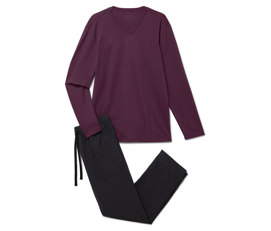 Lila, langärmeliges Schlafanzugoberteil und eine schwarz gestreifte Schlafanzughose mit Kordelzug.