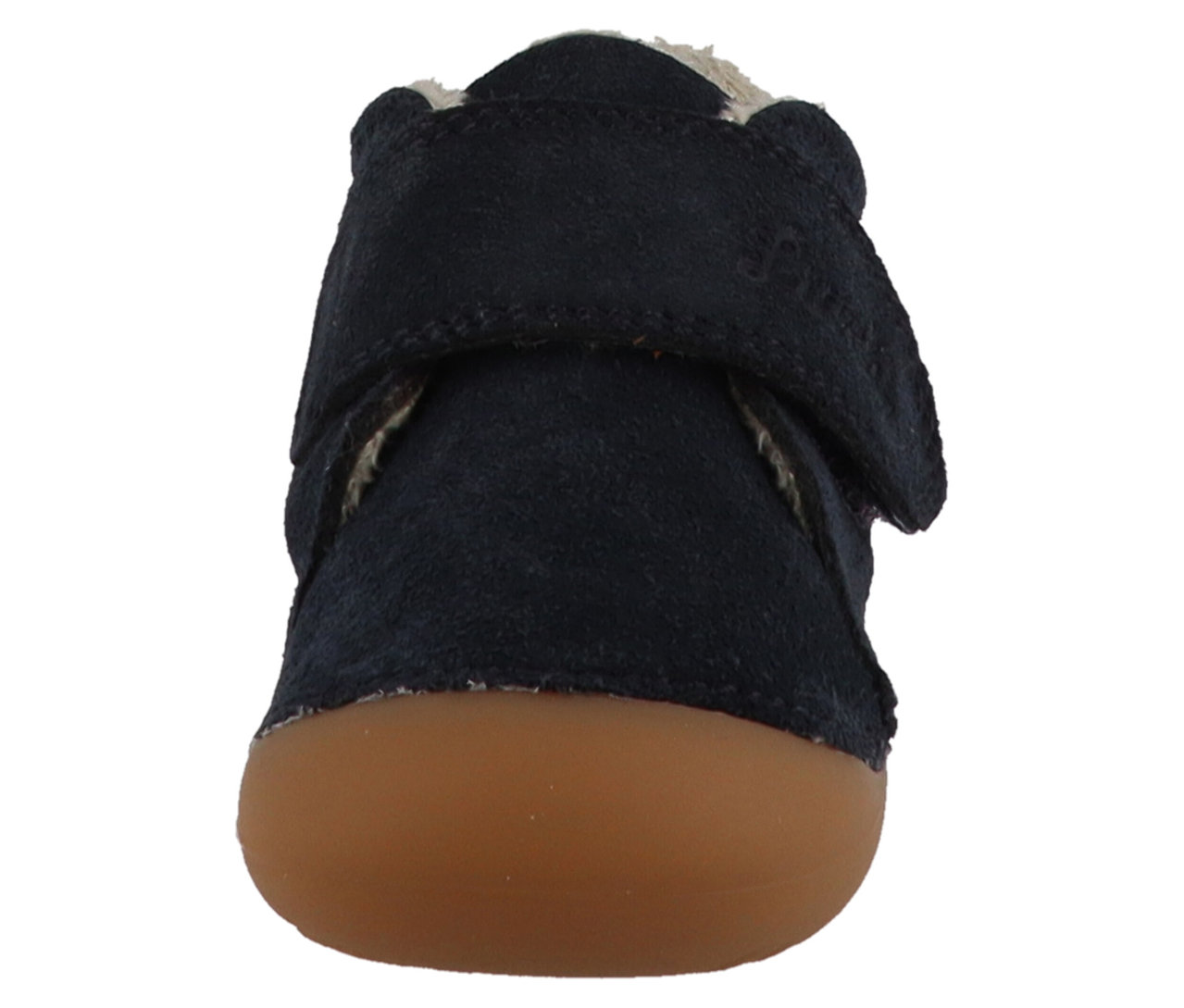 Detailaufnahme eines marineblauen LURCHI »Willow« Babyschuhs von vorne.