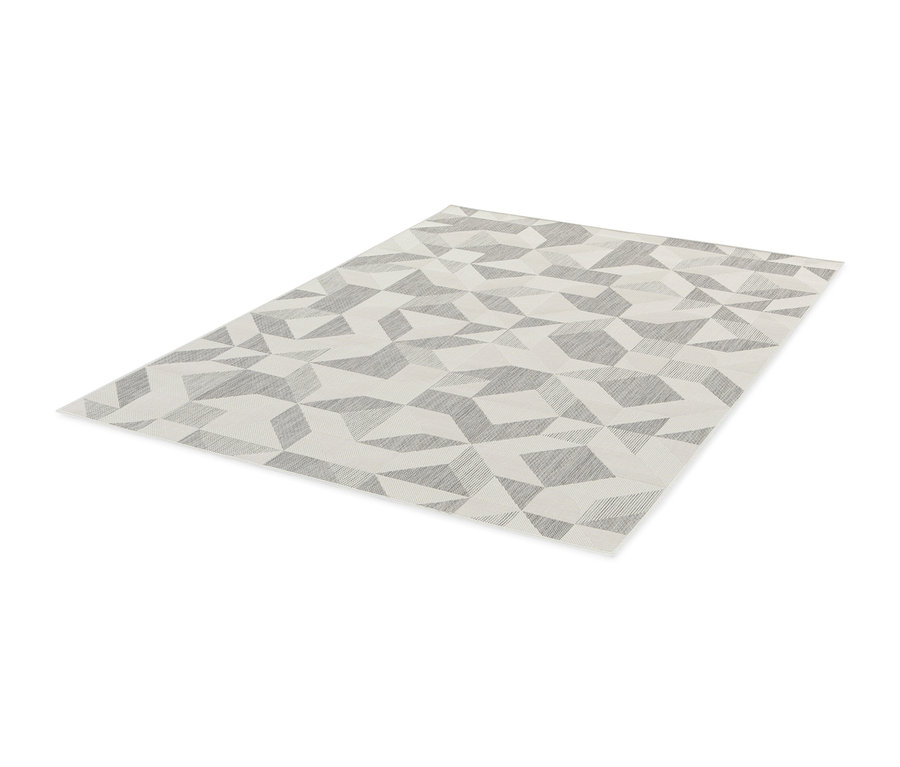 Ein faltbarer Outdoor-Teppich im Mosaik-Design, grau und weiss.