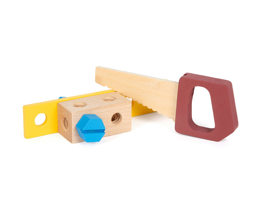 small foot Werkzeugkoffer »Workshop« aus Holz mit Säge, Würfel, Schraube und gelbem Element.