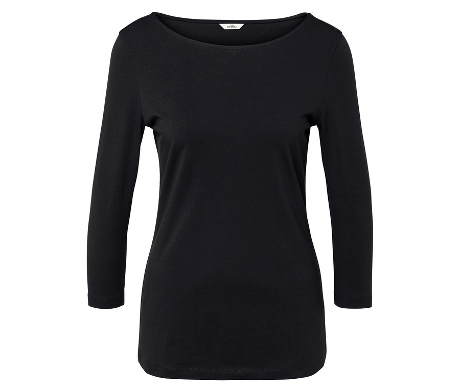 Schwarzes T-Shirt mit 3/4-Ärmeln und Rundhalsausschnitt.