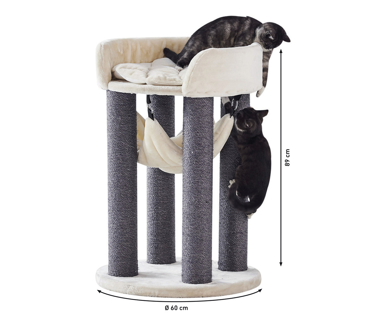 Zwei Katzen auf dem Nobby Kratzbaum »ELA«. Eine liegt oben, die andere klettert an einer Säule hoch.