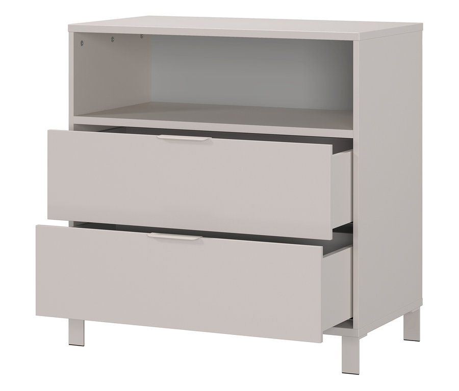 Helles graues Set »Alkmaar«, Kommode mit zwei Schubladen und offenem Regal.