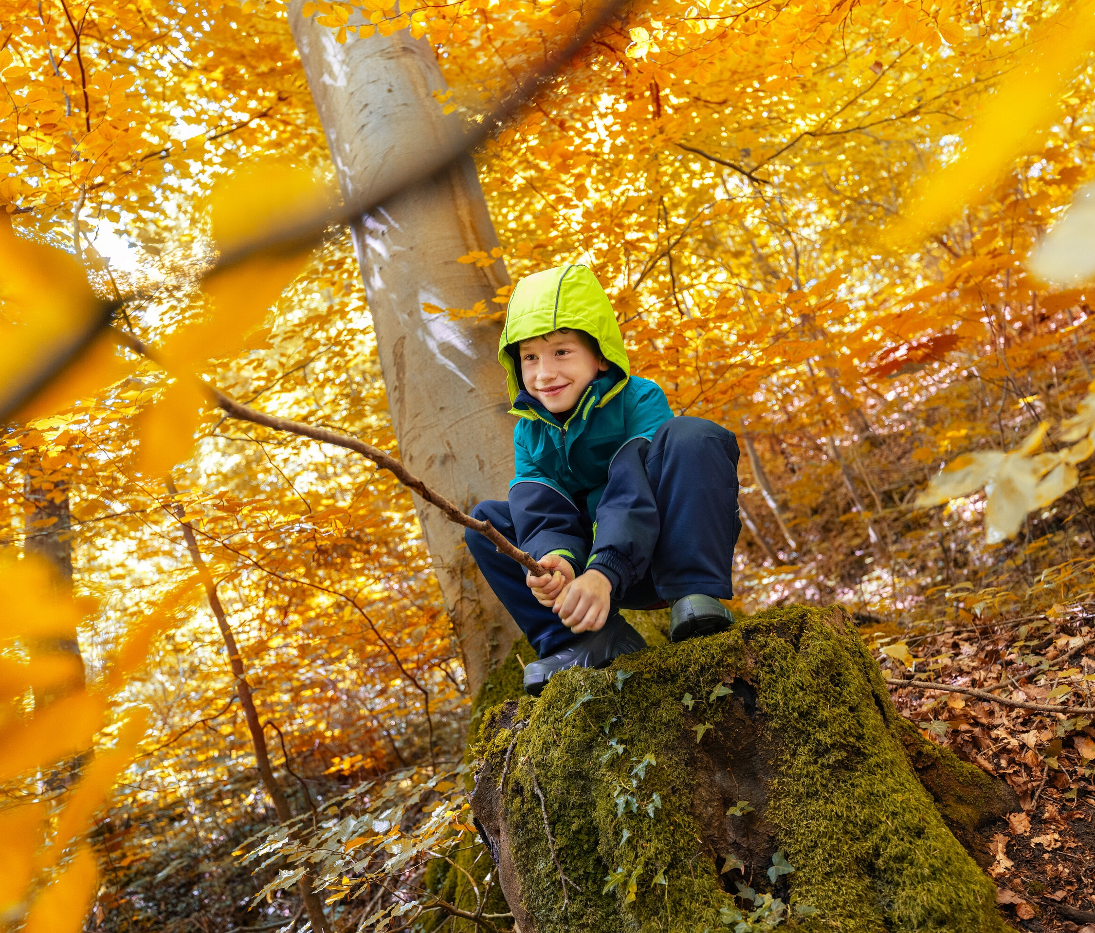Ein Junge in einer gelben Jacke sitzt auf einem Baumstumpf und hält einen Stock in einem Herbstwald.