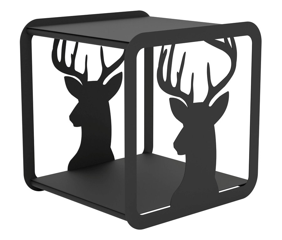 Schwarzer Metalltisch Eglo Sacol Holzaufbewahrung mit Hirschmotiv.