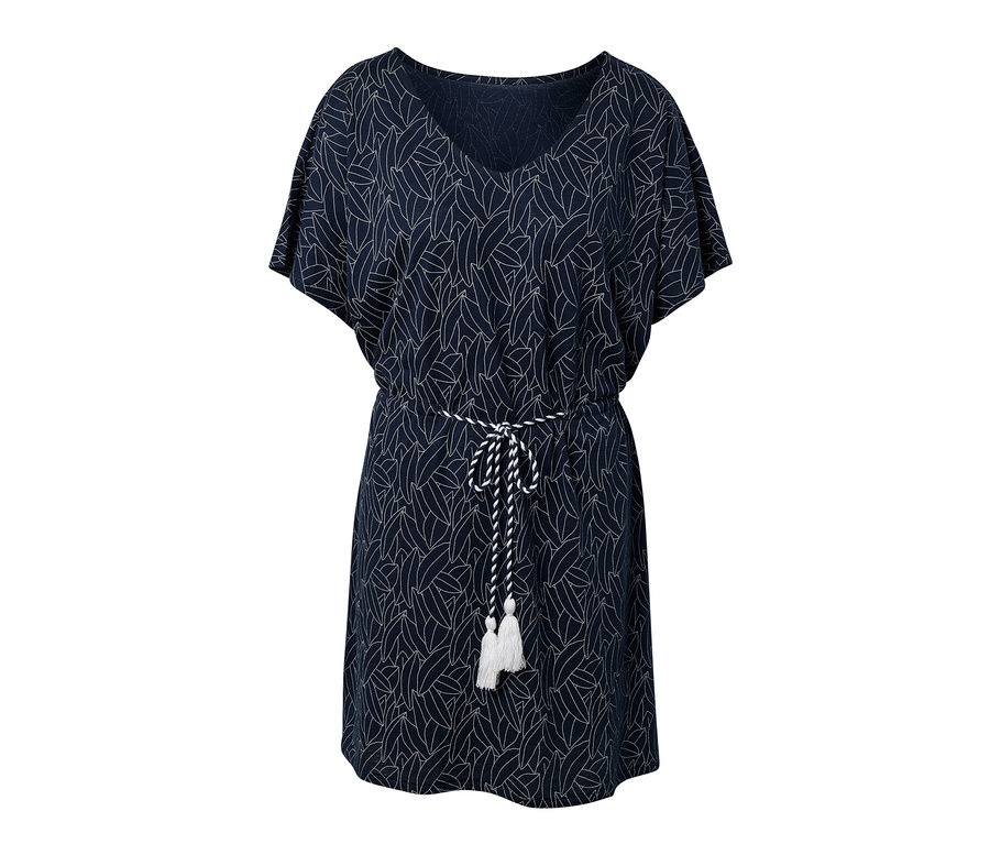 Dunkelblaue Strandtunika mit weißem Blattmuster und Kordelzug in der Taille.