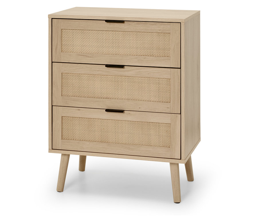 Helles Sideboard "Kommode" mit drei Schubladen mit Rattanfront.