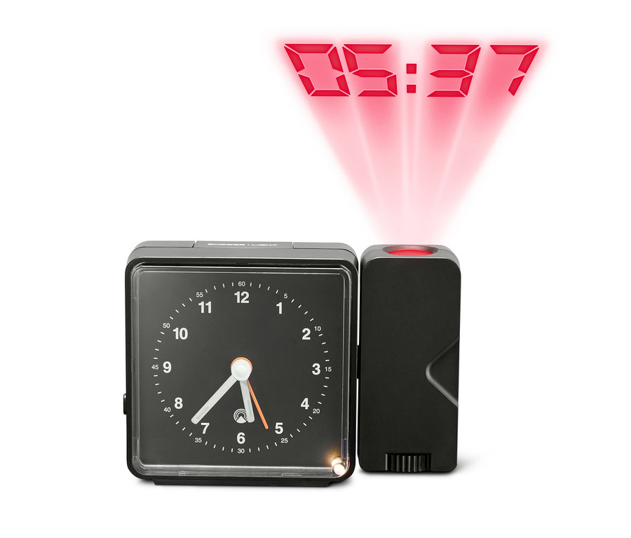 Schwarzer Funk-Projektionswecker mit roter Zeitanzeige.
