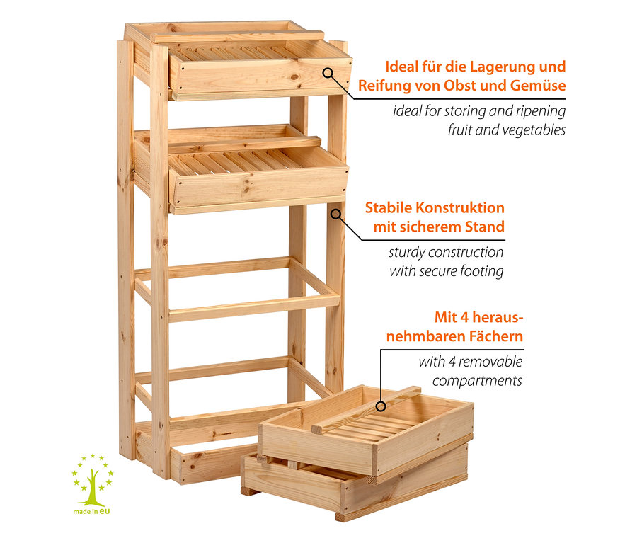 Holz Vorratsregal mit vier herausnehmbaren Fächern.