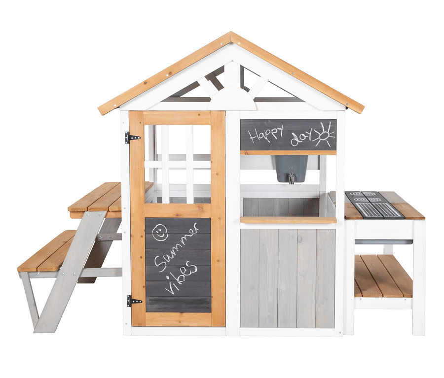 Ein roba Garten-Spielhaus mit Picknicktisch und Spielküche.