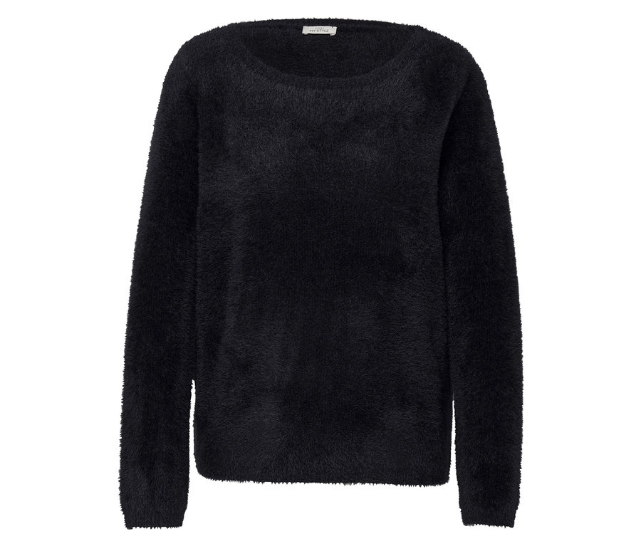 Schwarzer, flauschiger Pullover mit langen Ärmeln.