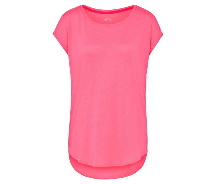 Detail eines Damen T-Shirts in Pink mit kurzen Ärmeln.