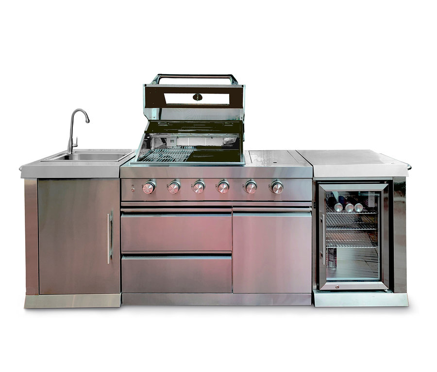 Buschbeck-Outdoorküche »Oxford« aus Edelstahl mit Grill, Spüle und Kühlschrank.