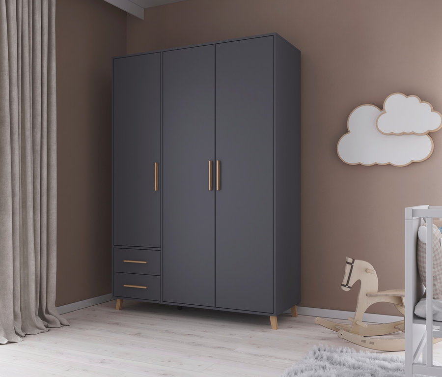 Grauer rauch Drehtürenschrank »Shinjo« mit 3 Türen und 2 Schubladen, metallic.