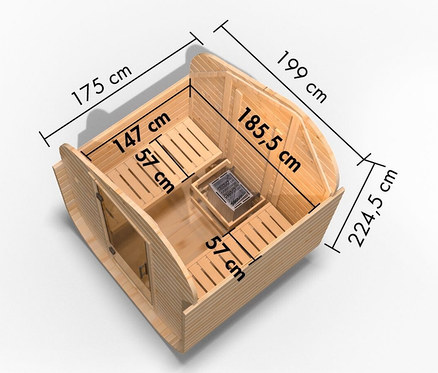 Draufsicht auf Karibu Würfelsaunahaus 1, asymmetrisch, mit Abmessungen.