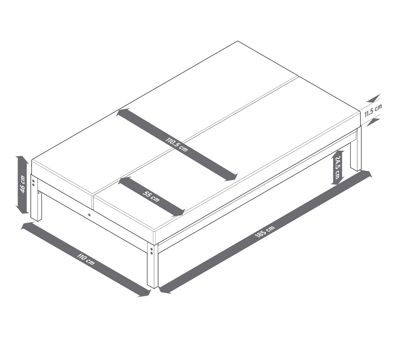 Abgebildet ist eine 2-in-1-Gartenbank ‒ Doppel-Sonnenliege mit Maßangaben.