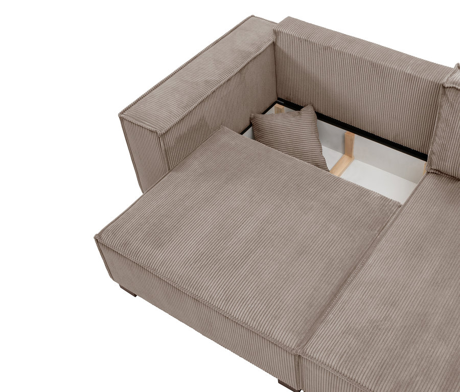 Detailansicht eines beigen Cord-Ecksofas mit offenem Stauraum und Kissen.
