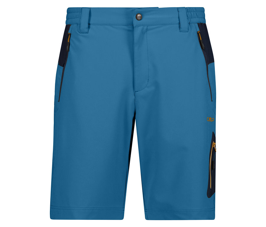 Nahaufnahme der CMP Herren-4-Wege-Stretch-Bermuda-Shorts in Blau mit Reißverschlusstaschen.