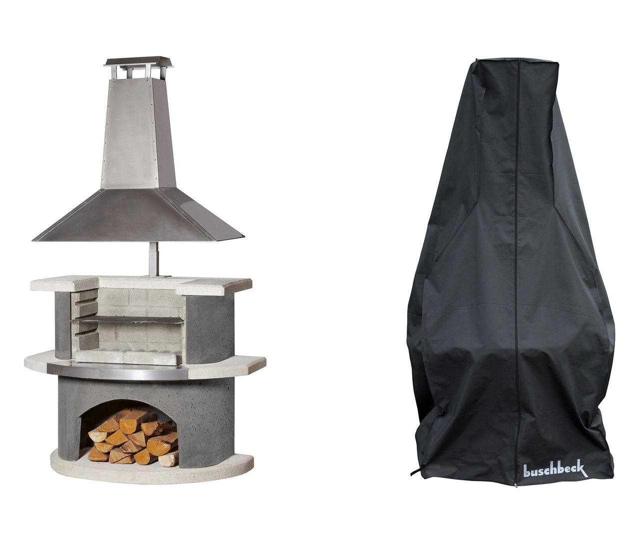 Buschbeck Premium Grillkamin »Zürich« mit Wetterschutzhaube, links mit Holzscheiten, rechts die schwarze Haube.