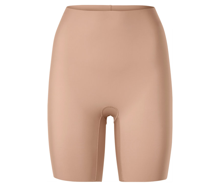 Beige Shapewear-Shorts vor weißem Hintergrund.