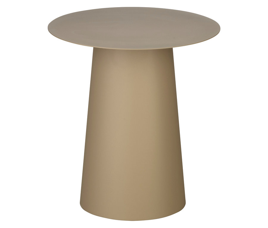 Ein beiger, runder Beistelltisch steht auf einem weißen Hintergrund.