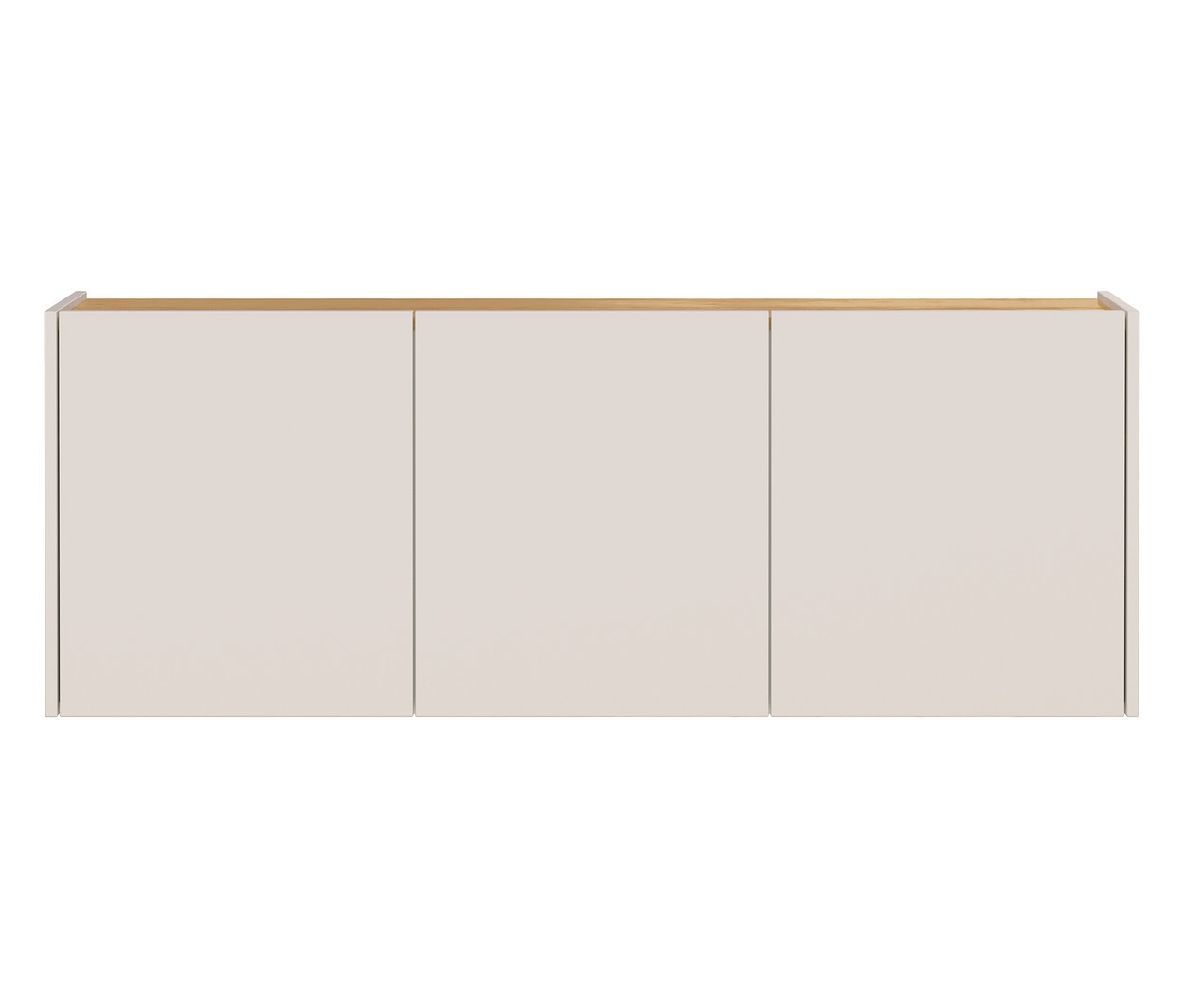 Drei helle Hängeschränke mit Holzoberseite.