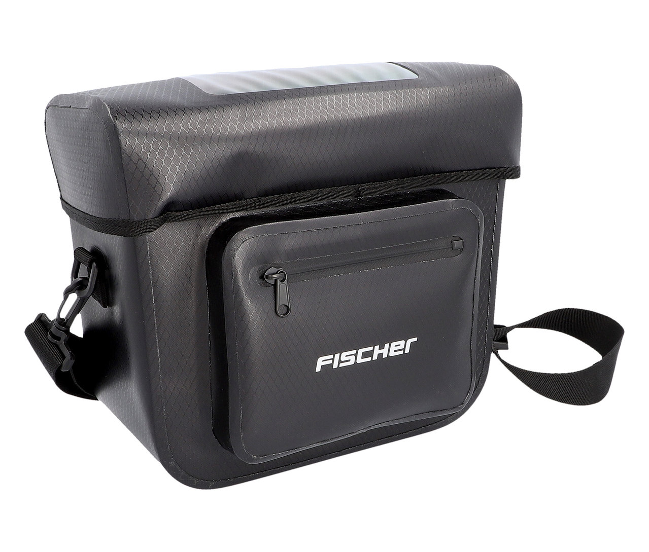 Schwarze FISCHER Lenkertasche PLUS+ Terra mit kleinem Fach und Tragegurt ist vor einem weißen Hintergrund zu sehen.