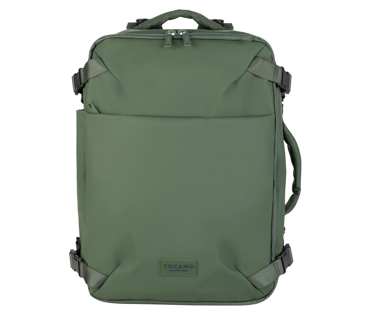 Nahaufnahme eines olivgrünen TUCANO-Rucksacks mit Tragegriff oben und Gurten an den Seiten.
