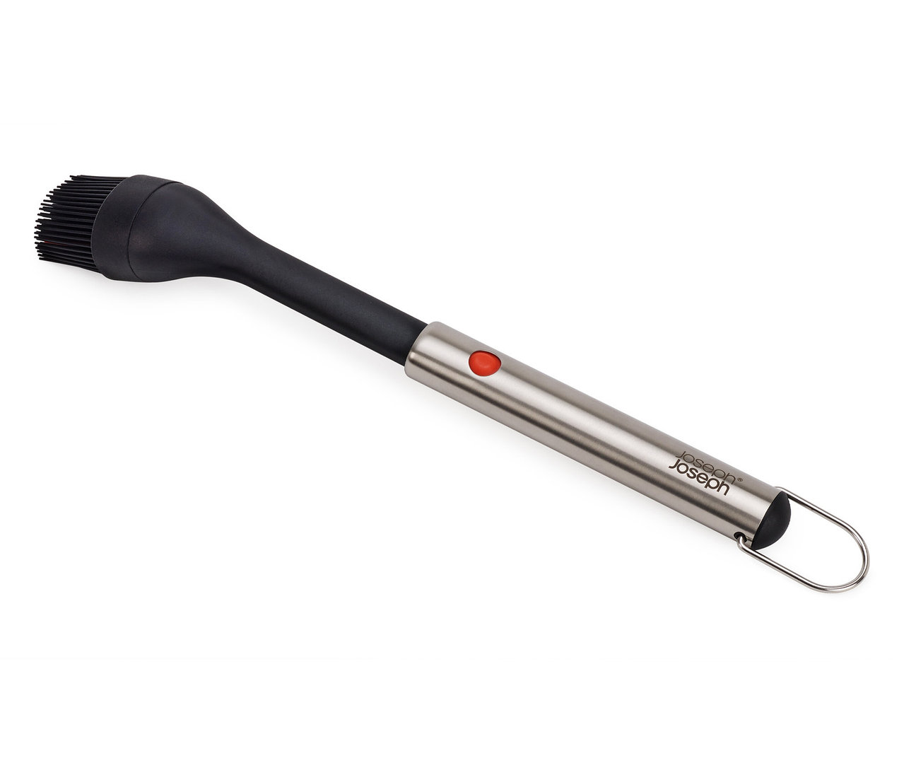 Ein Joseph Joseph Pinsel mit schwarzem Kopf und silbernem Griff liegt auf einem weißen Hintergrund.