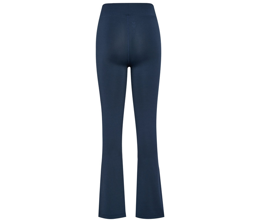 Rückansicht der hummel® HMLJR High Waist Flared Tights in Dunkelblau, die sich ab dem Knie abwärts weiten.