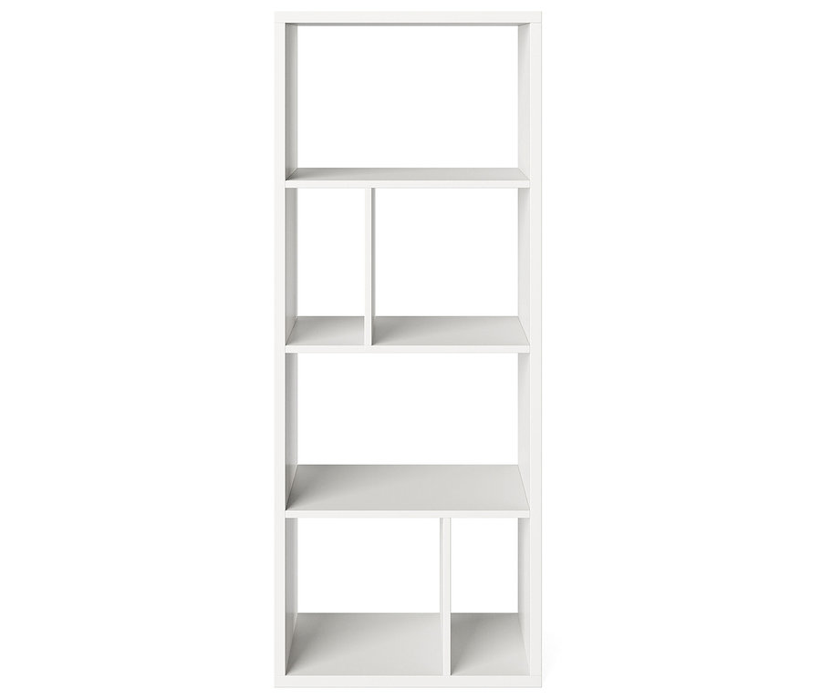 Weißes Bücherregal mit fünf Fächern.