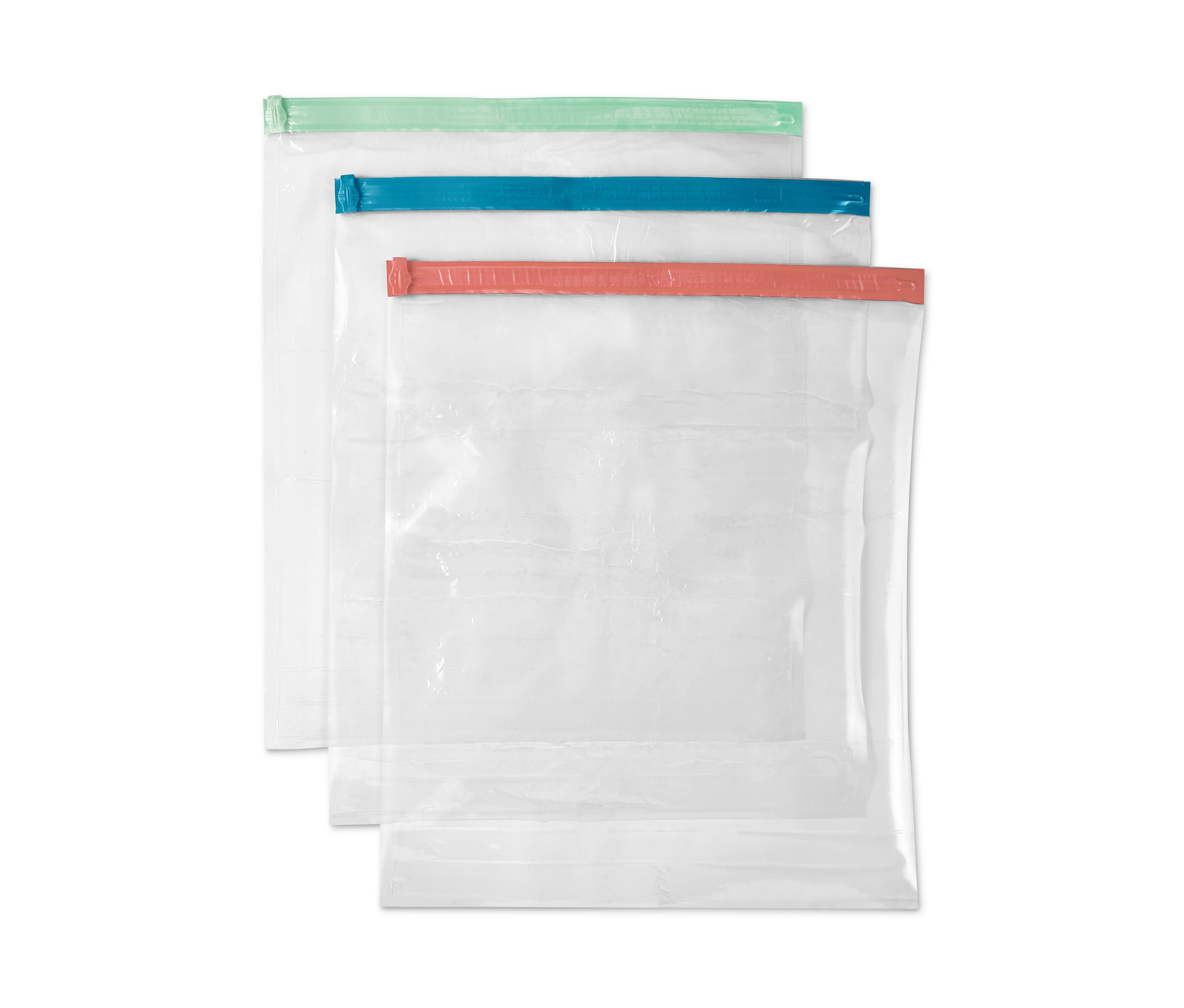 Drei Vakuum-Reisebeutel sind zu sehen. Jeder Beutel hat einen farbigen Reißverschluss: grün, blau und orange.