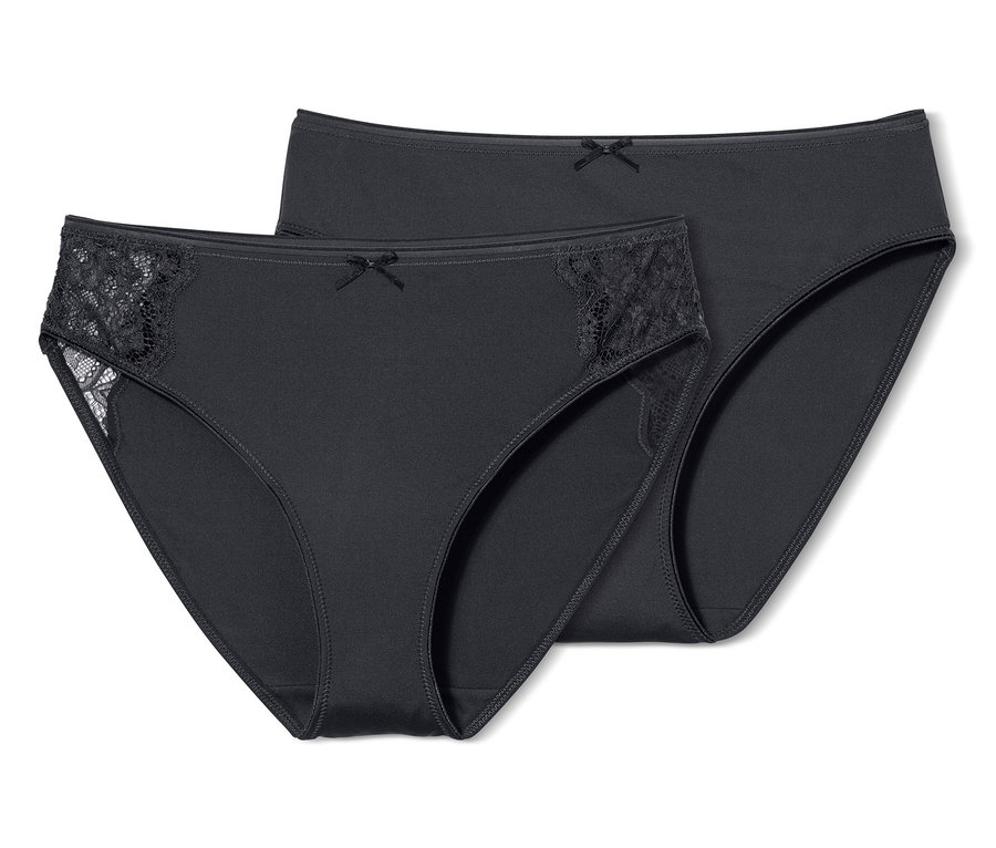 Zwei schwarze 2 Slips liegen übereinander, einer davon mit Spitze.