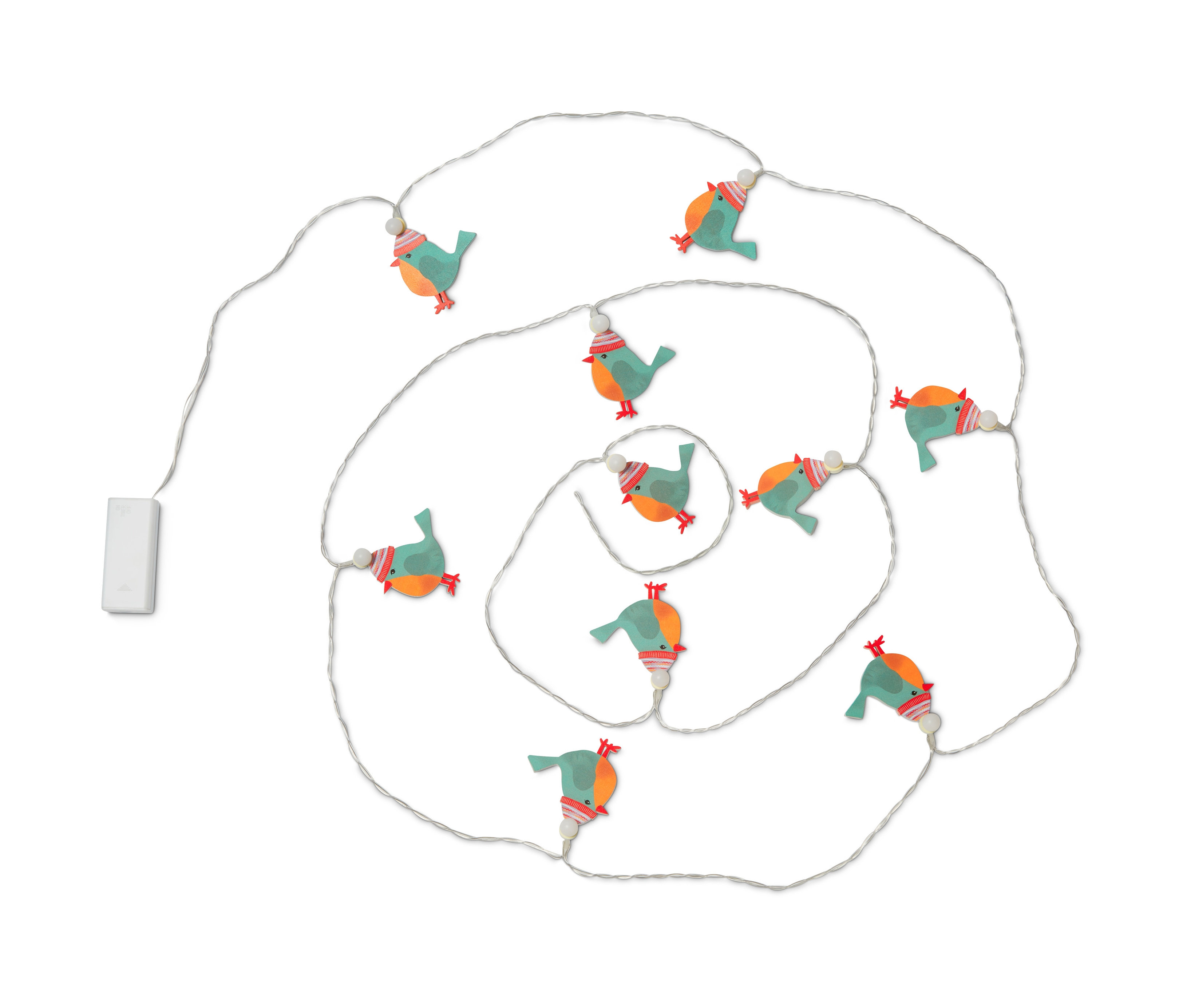 Eine LED-Motiv-Lichterkette auf einem weißen Hintergrund, mit kleinen Vogelmotiven und einer Bedieneinheit.