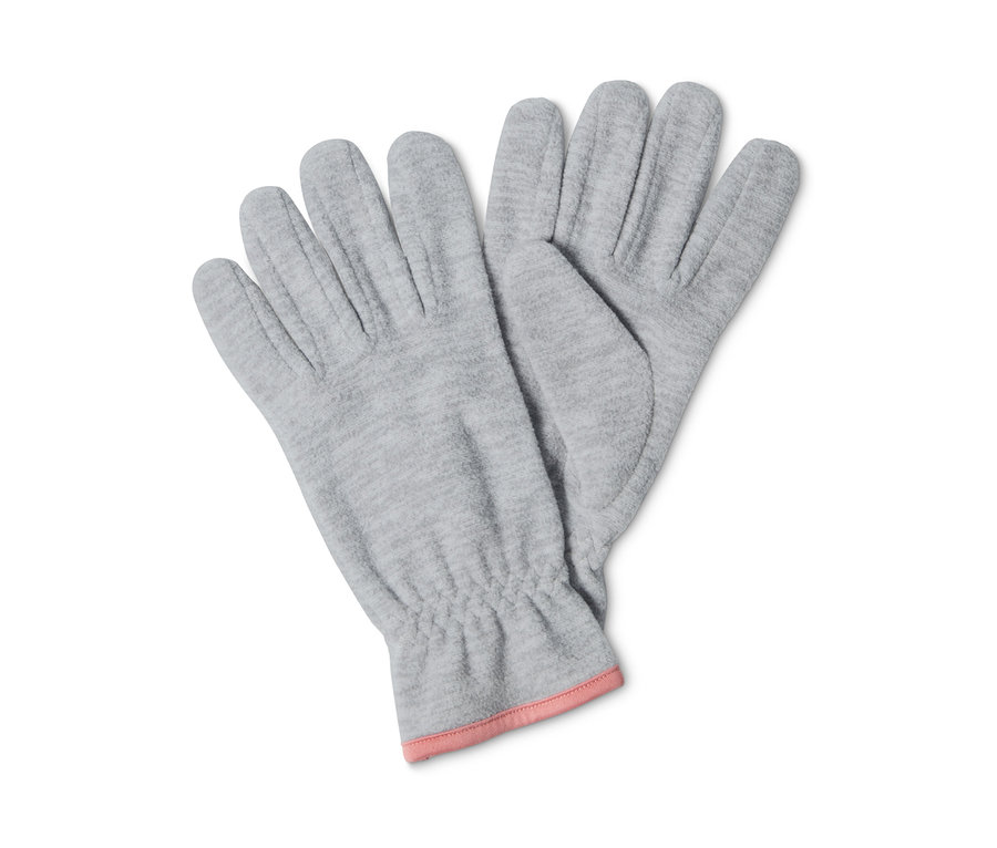 Zwei graue Fleece-Handschuhe.