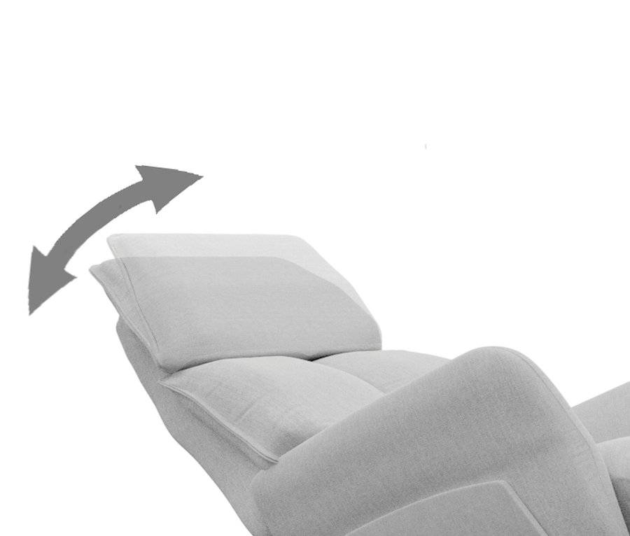 Detailaufnahme des beigegrauen Relax-Liegesessels »Thimo« mit Pfeil, der die manuelle Verstellung der Kopfstütze darstellt.