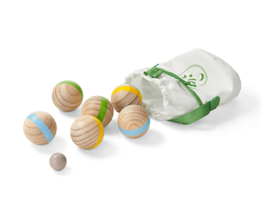 Boule-Set mit farbigen Streifen und Tasche.