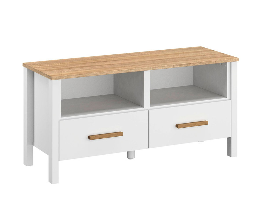 Lowboard »Fargo« mit weißem Rahmen, zwei Schubladen und Holzplatte.