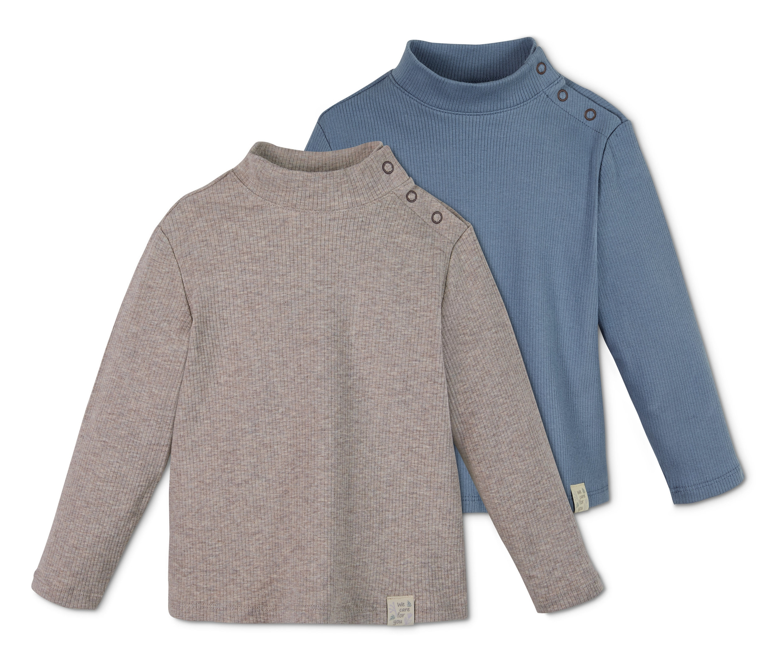 Zwei Baumwoll-Langarmshirts mit Stehkragen in Beige und Blau liegen übereinander.