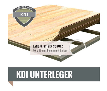 Holzkonstruktion mit dem Schriftzug KDI UNTERLEGER und LANGFRISTIGER SCHUTZ 40 x 60 mm Fundament Balken.